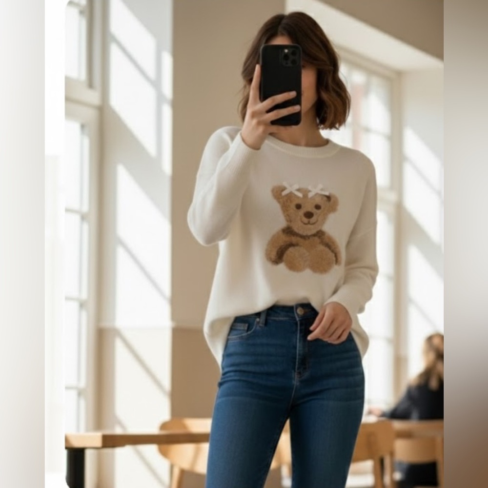 🆕 Ruby Moon Knit Cream Sweater with Bear Design